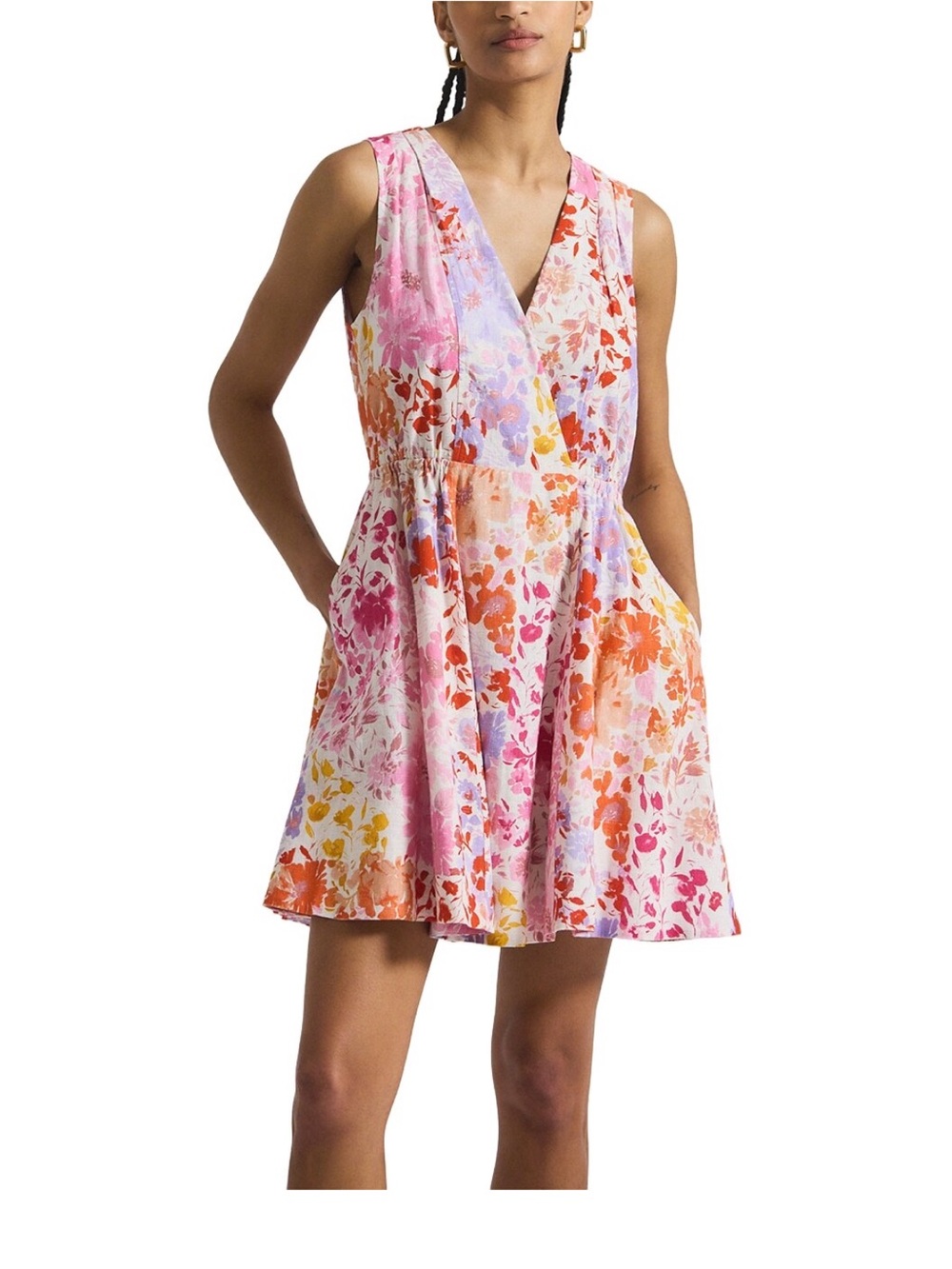 Derek Lam 10 Crosby V-Neck Sleeveless Dress in Pink Multi Stretch Linen NWT 2
